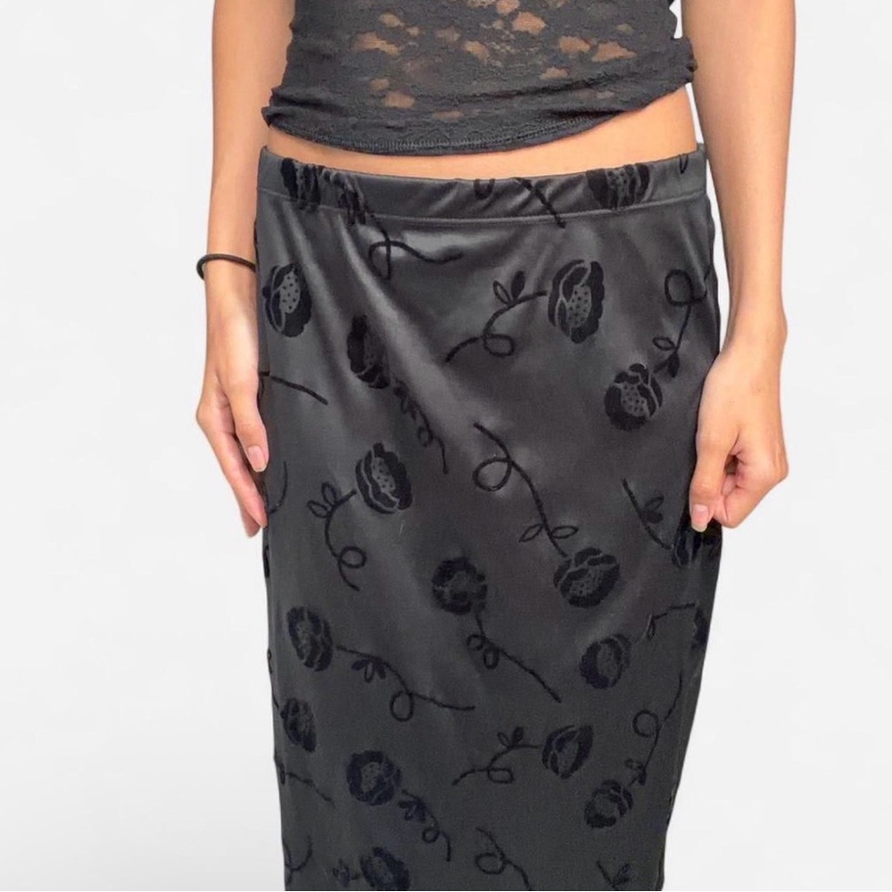 Black Satin Floral long Skirt